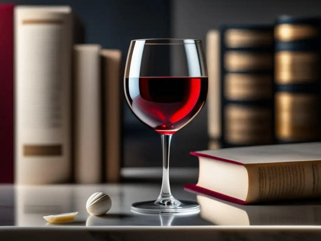 Mitos vino literatura universal, imagen cristal minimalista sobre mármol blanco con textos antiguos