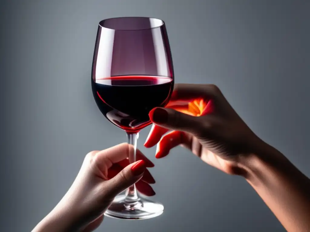 Mitos sobre vino y obesidad: Manos sosteniendo elegante copa de vino tinto, líquido rojo brillante, fondo blanco