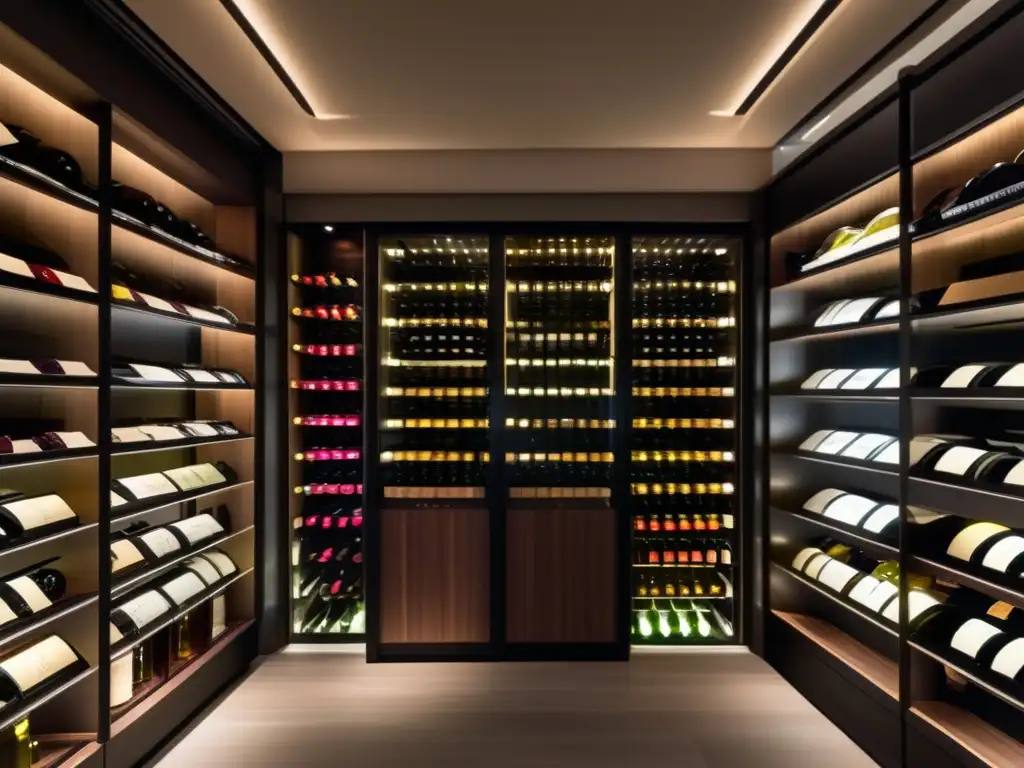 Moderna bodega de vinos con iluminación suave y botellas etiquetadas con vintages y regiones