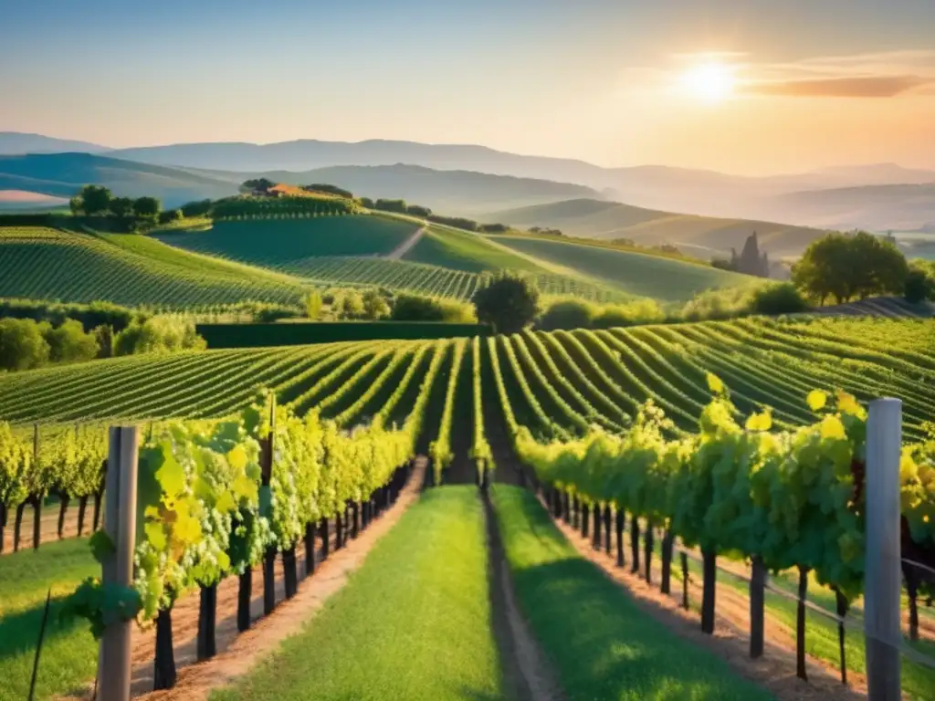 Vinificación biodinámica: tradición y modernidad en vinos - Hermoso paisaje de viñedos con uvas maduras y sol radiante