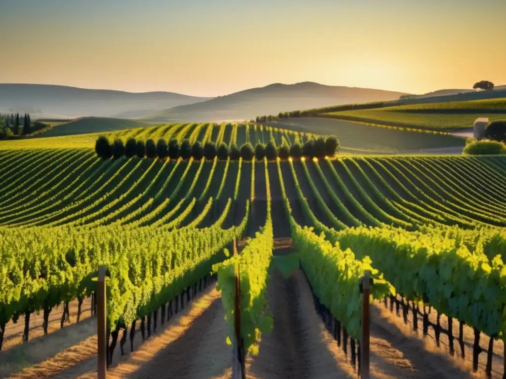 Vinificación biodinámica: tradición y modernidad en vinos - Viñedo bañado en luz dorada, con filas de vides verdes vibrantes hasta el horizonte