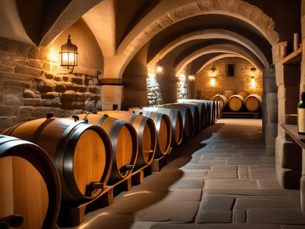 Evolución vino: monjes medievales a tecnología - Bodega de vino medieval con barriles envejecidos y ambiente acogedor