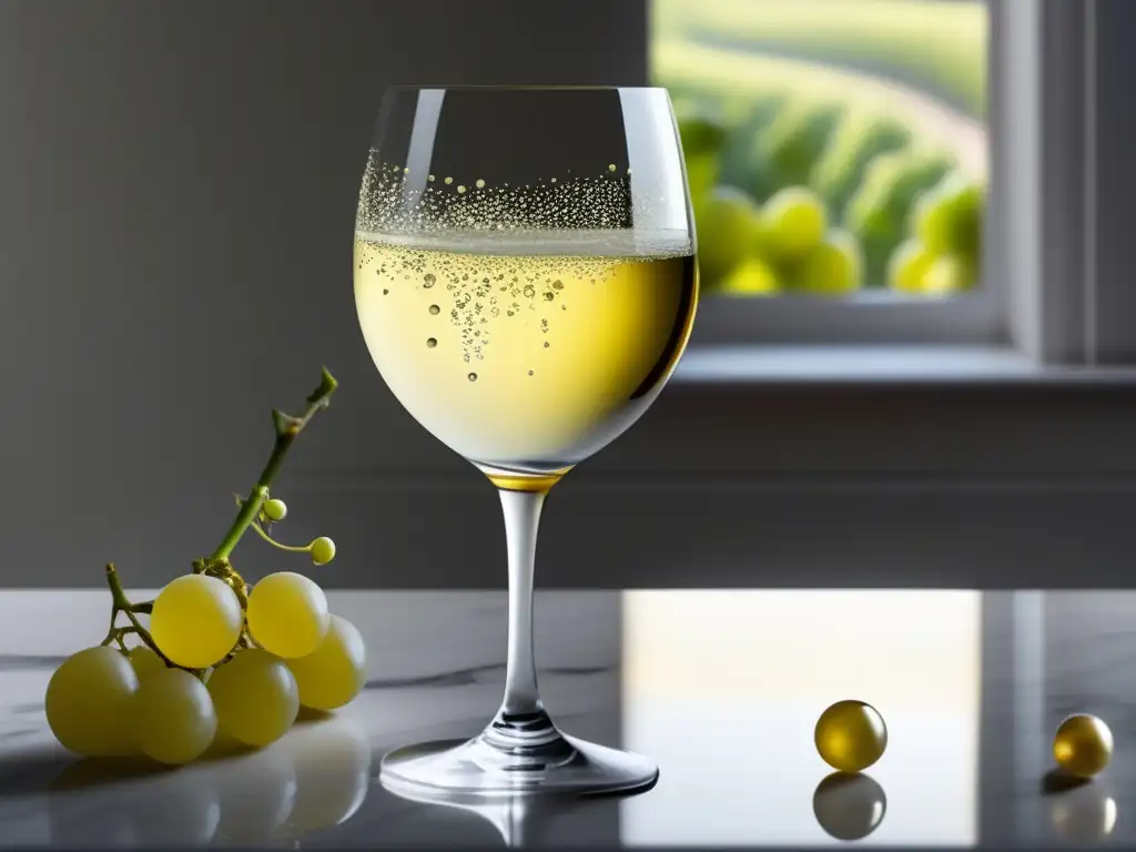 Vino Moscato: cristalino y efervescente, en elegante contraste con el mármol blanco y las vides ilustradas