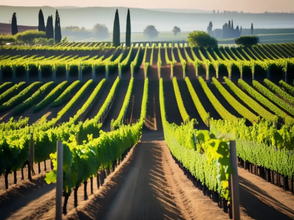 Celebración vinícola en La Mostra de Venise, viñedo amplio y sereno con uvas alineadas y hermoso contraste natural