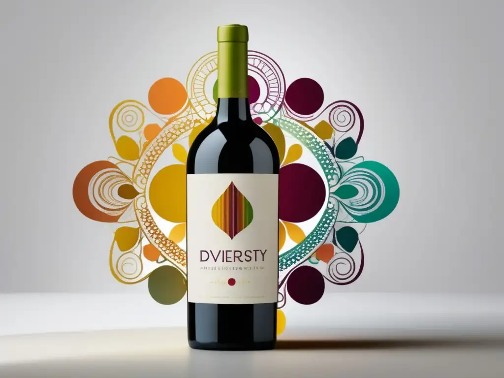 Movimientos celebran diversidad vinicultura - Botella de vino minimalista con diseño moderno, patrones intrincados y colores vibrantes