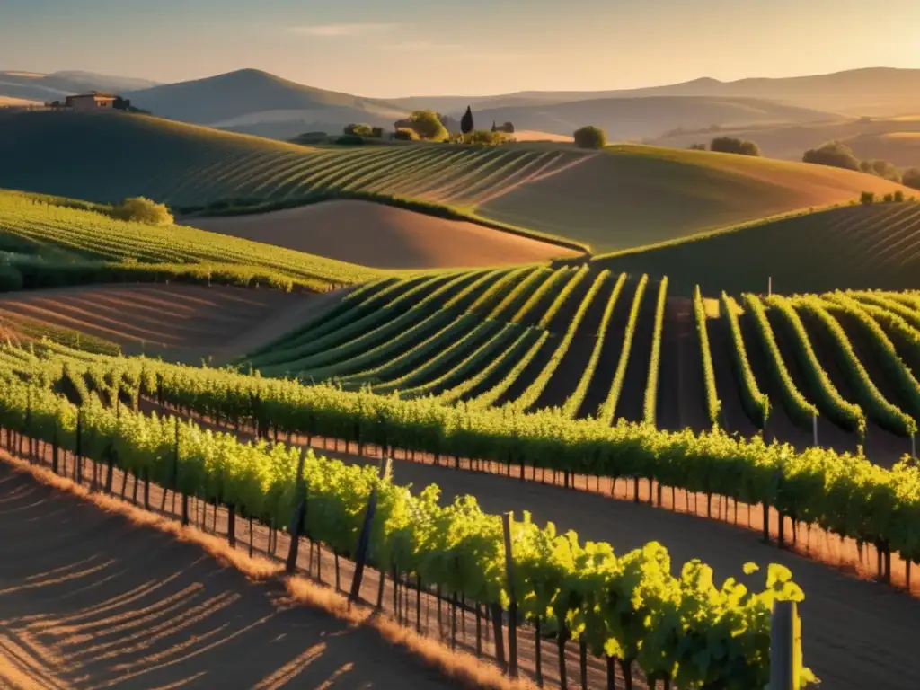 Movimientos celebran diversidad vinicultura: Vista panorámica de viñedo minimalista al atardecer