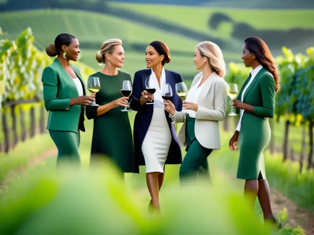 Mujeres en la industria vinícola, empoderadas y colaborando en una viña verde