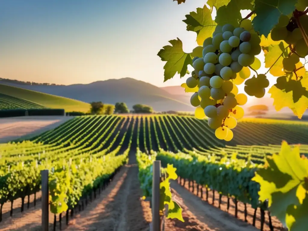 Mujeres en la industria vinícola: un viñedo sereno al atardecer, con filas de uvas verdes vibrantes y un sol dorado iluminando la escena