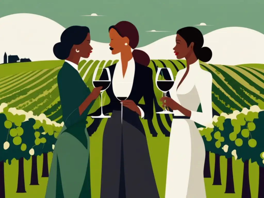 Mujeres influyentes en la viticultura, elegantes en trajes negros y camisas blancas, sosteniendo copas de vino, entre viñedos y uvas maduras