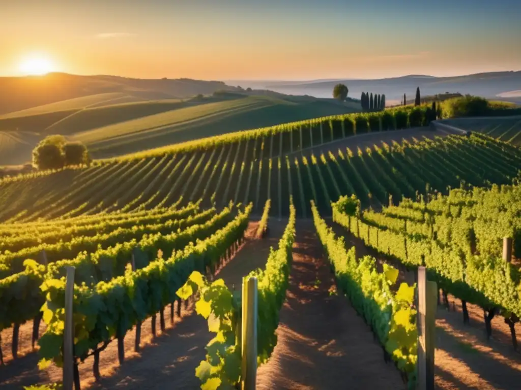 Mujeres influyentes en la viticultura: paisaje de viñedos al atardecer, con filas interminables de uvas verdes y una increíble luz dorada