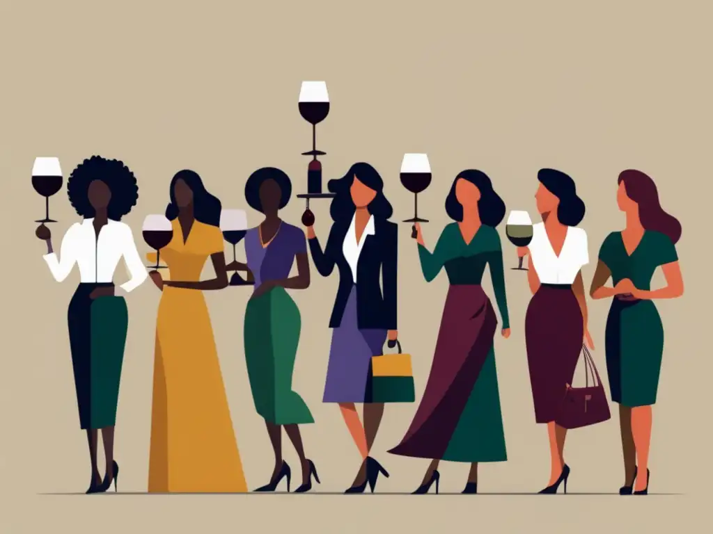 Mujeres innovadoras en el vino: Ilustración minimalista de mujeres diversas en la industria vinícola, unidas y empoderadas