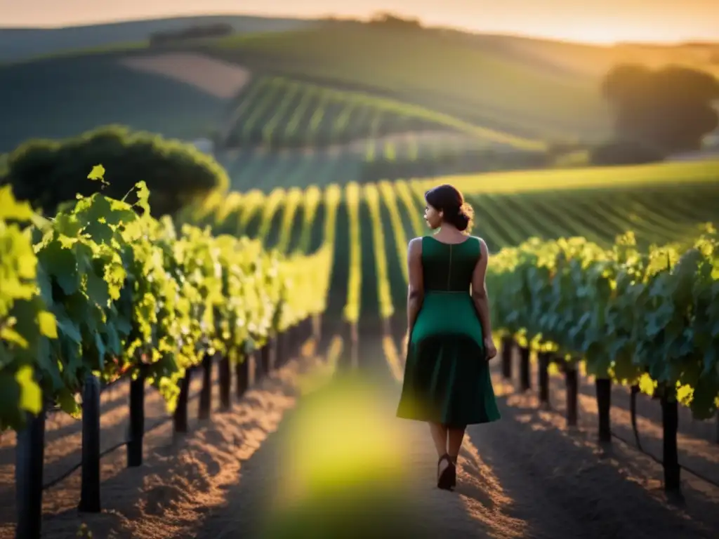 Mujeres líderes en vino orgánico: Silueta femenina empoderada en viñedo