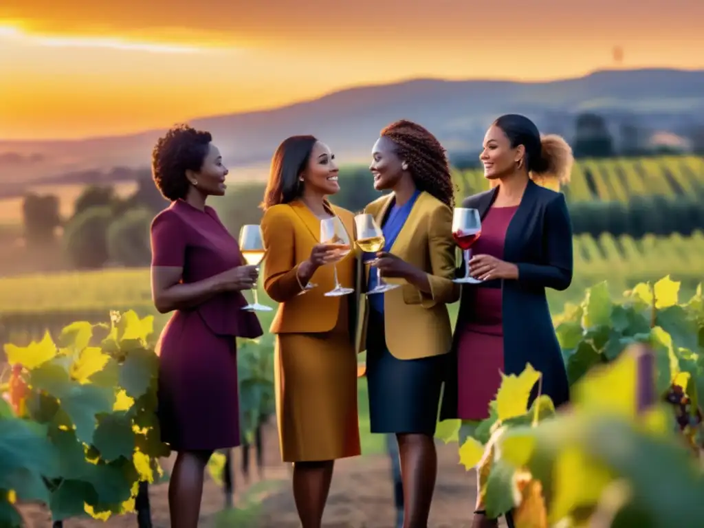 Mujeres líderes en viticultura europea en un viñedo al atardecer