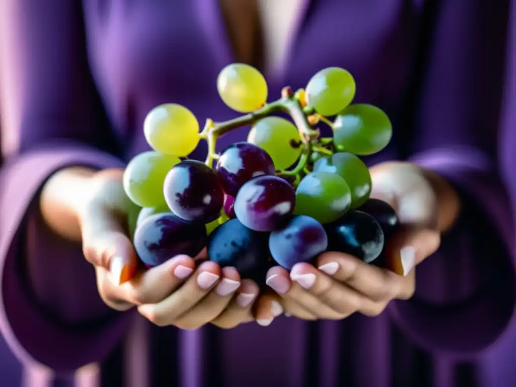 Mujeres líderes en viticultura europea con uvas vibrantes y manos delicadas