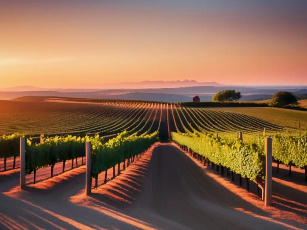 EcoInnovación en Viñedos: Mujeres y Sustentabilidad - Atardecer en viñedo, con filas de uvas en la distancia