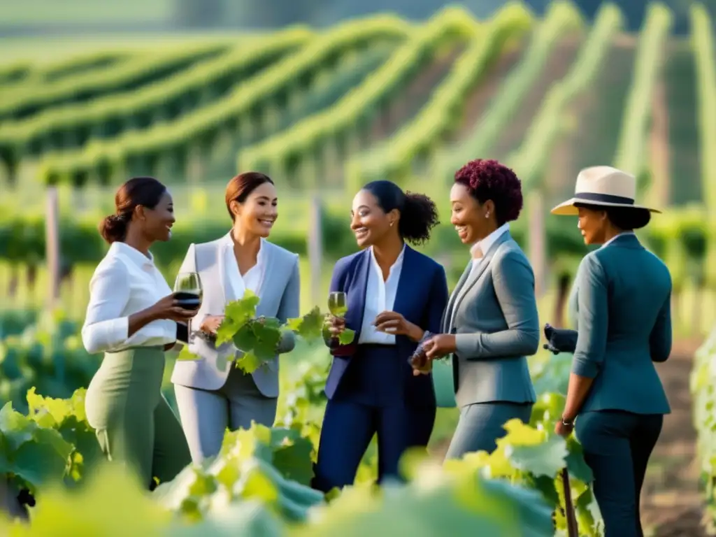 Mujeres vinicultoras trabajando juntas en una viña, mostrando igualdad y empoderamiento