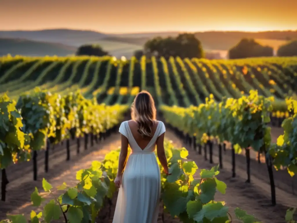 Evolución histórica mujeres en el vino: mujer elegante en viñedo al atardecer, sosteniendo copa de vino