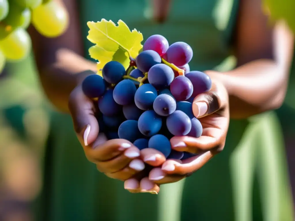 Mujeres viticultoras líderes, manos delicadas sosteniendo uvas vibrantes