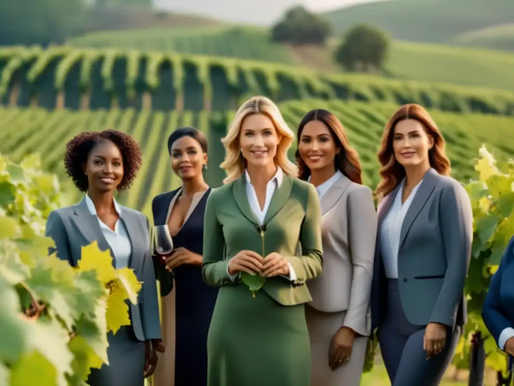 Mujeres viticultoras líderes en un viñedo exuberante, vestidas de manera profesional, rodeadas de vides cargadas de uvas maduras