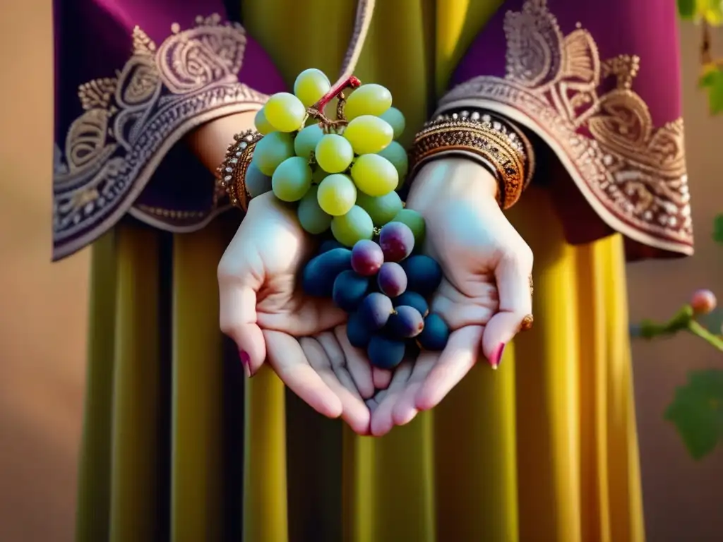 Mujeres viticultoras: manos delicadas sostienen uvas, joyas tradicionales y mehndi, colores vibrantes, significado en viñedos