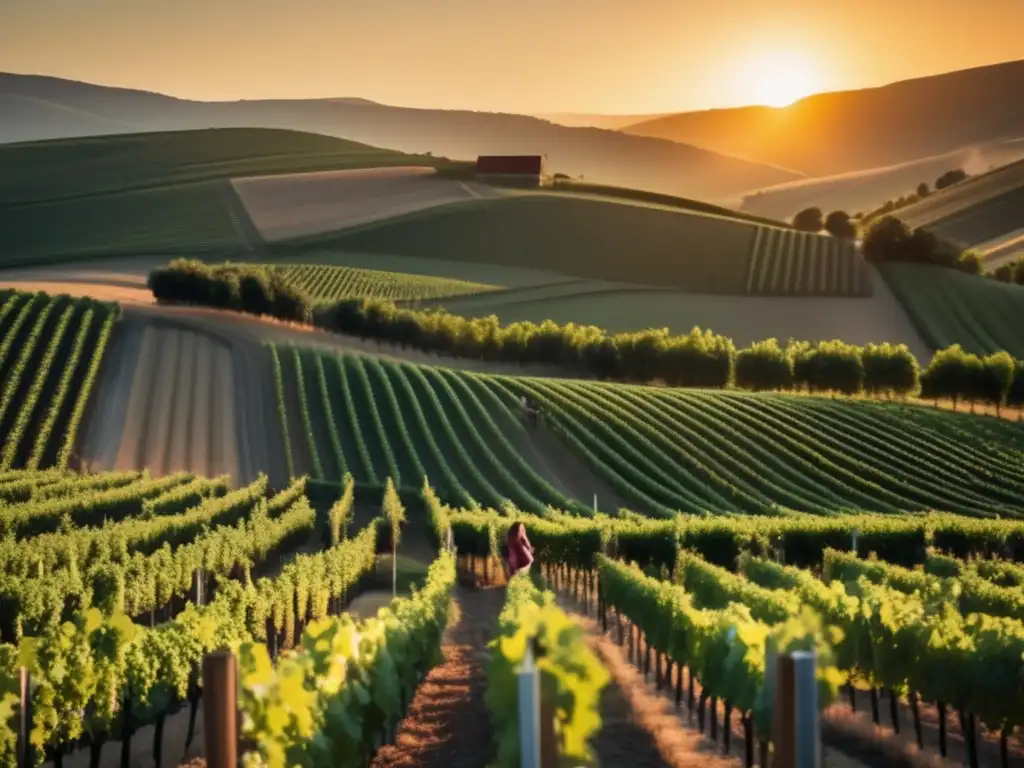 Mujeres viticultoras y terroir: Una conexión íntima en una serena escena de viñedo al atardecer