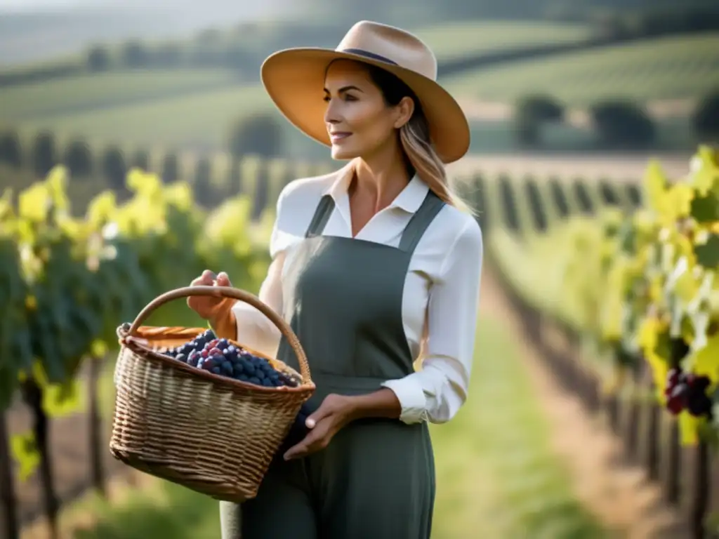 Mujeres viticultoras y terroir: Una conexión íntima - Viticultora orgullosa en un viñedo pintoresco, con cesta de uvas recién cosechadas