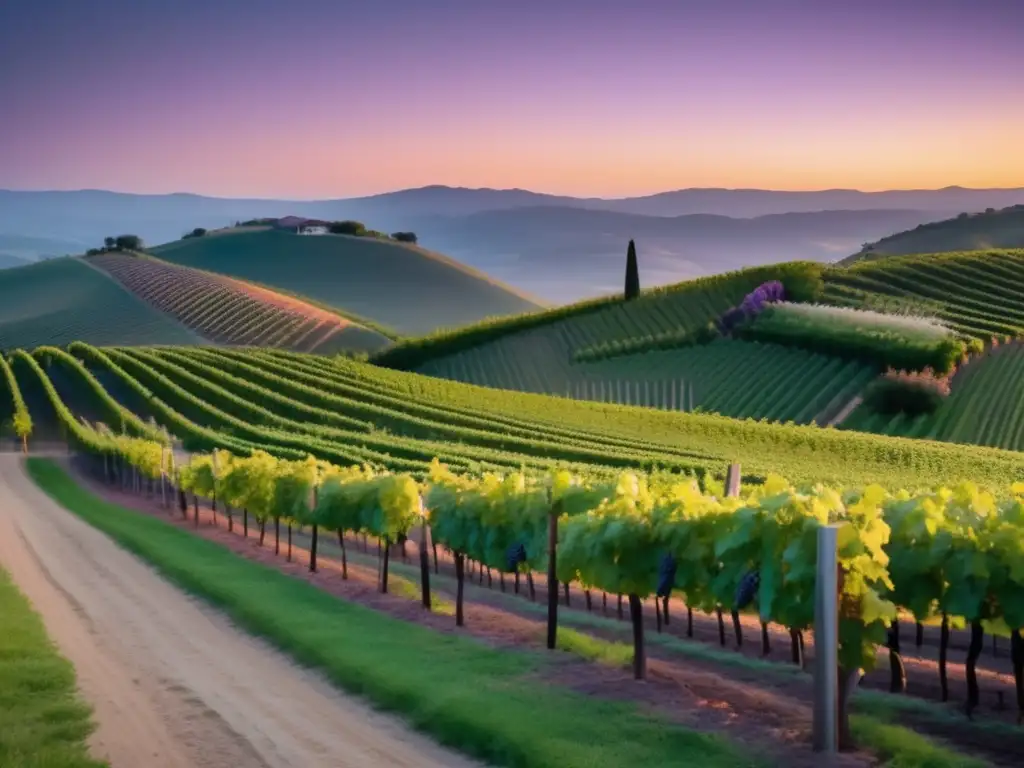 Música folclórica en viñedos: imagen serena de un viñedo al atardecer, con colores cálidos, una mesa con vino y tocadiscos