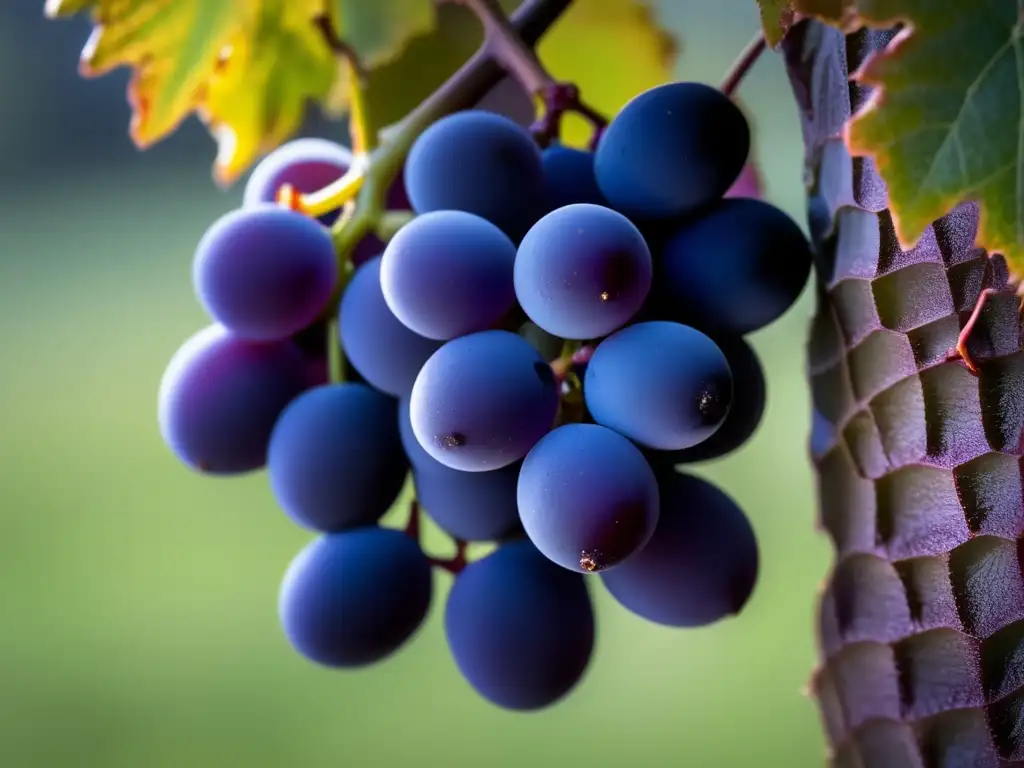 Touriga Nacional, vinos Portugal: racimo de uvas maduras, color púrpura intenso, textura aterciopelada, belleza y abundancia