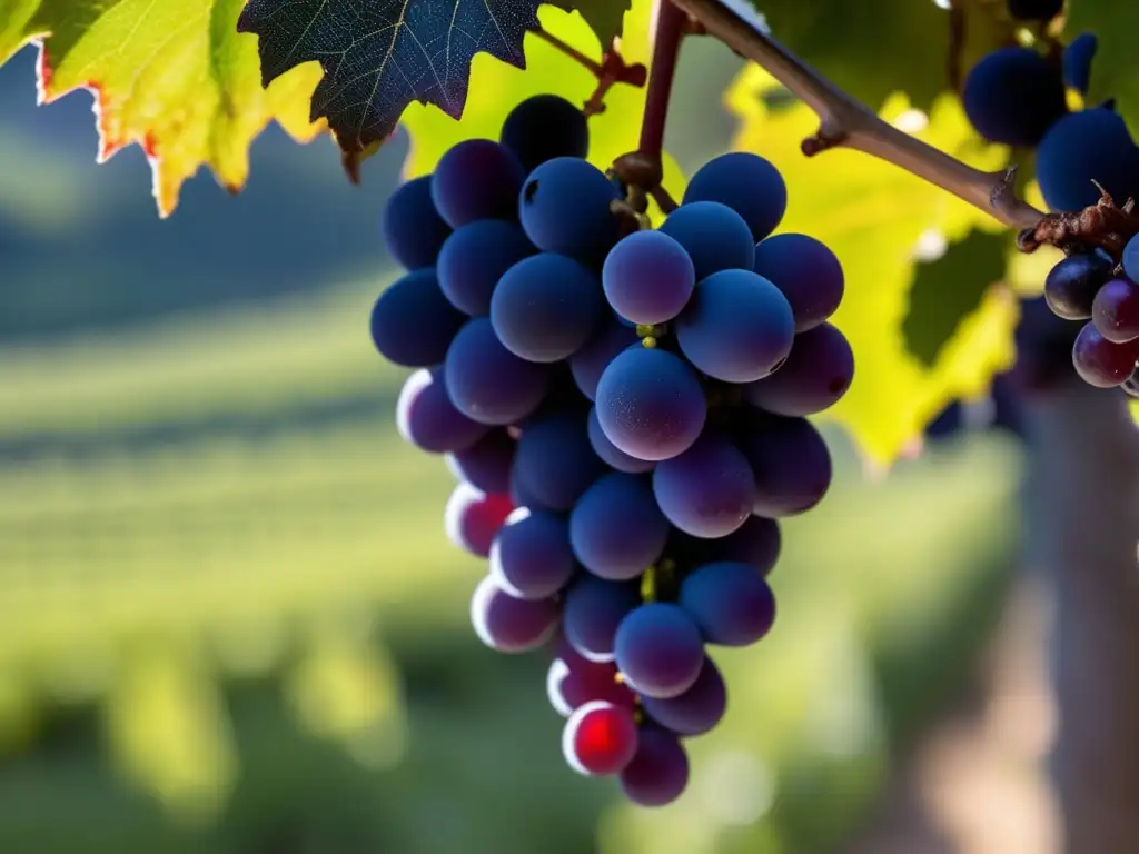 Touriga Nacional vinos Portugal: Uvas maduras de Touriga Nacional en tonos violetas, destacando su textura y encanto