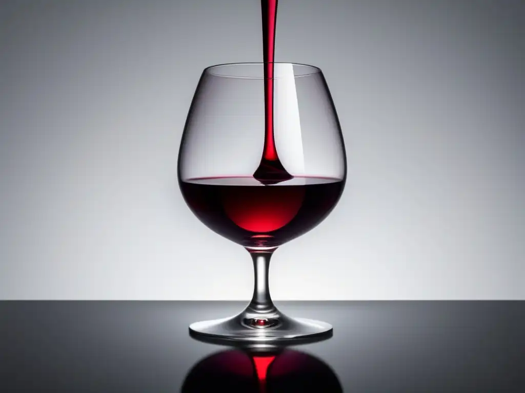 Nanotecnología en la vinificación: Vaso de vino minimalista con una gota de vino en suspensión, reflejando la luz