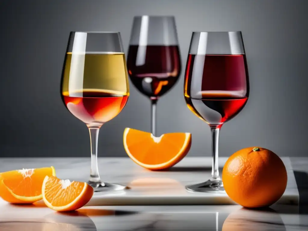 Guía cata vinos naranja: Set elegante de cata de vinos naranja con copas de cristal, reflejando su color y acompañado de rodajas de naranja fresca