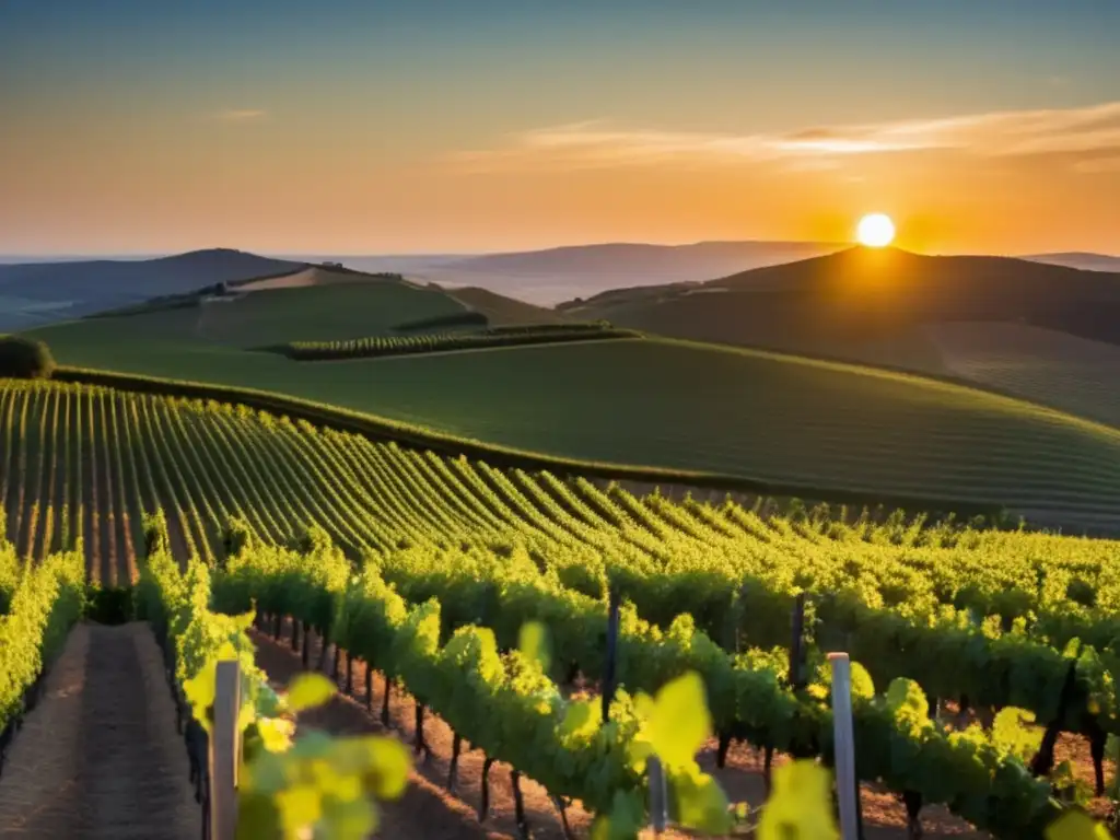 Vinificación natural: Imagen serena de viñedo al atardecer