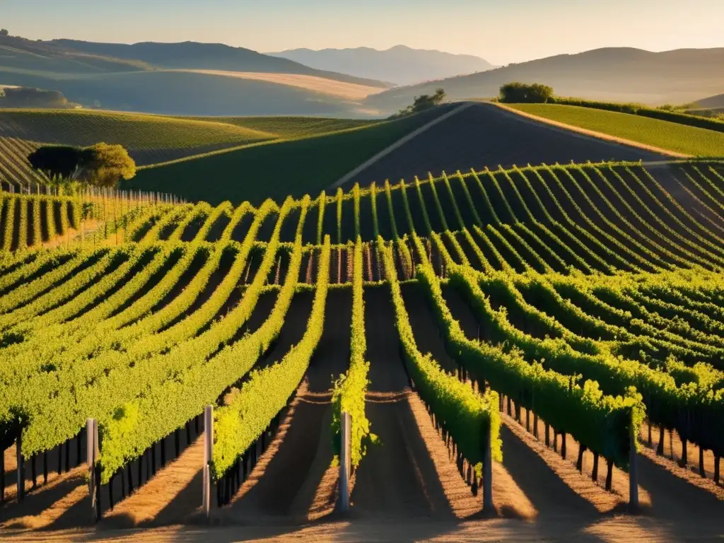 Vinificación natural sin sulfitos en viñedo al atardecer