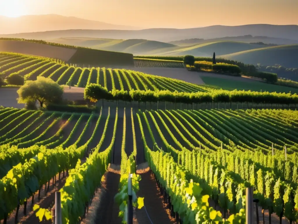 Vinificación natural sin sulfitos en viñedo al atardecer