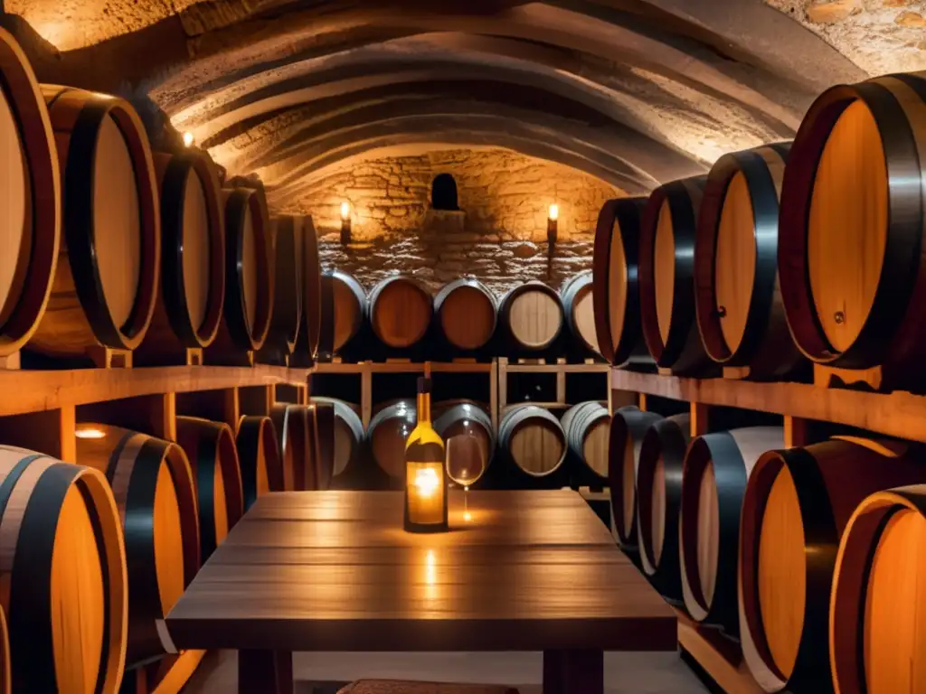 Noche de Bodegas Abiertas España: encanto de bodega con barricas de madera, iluminación cálida, mesa con vino