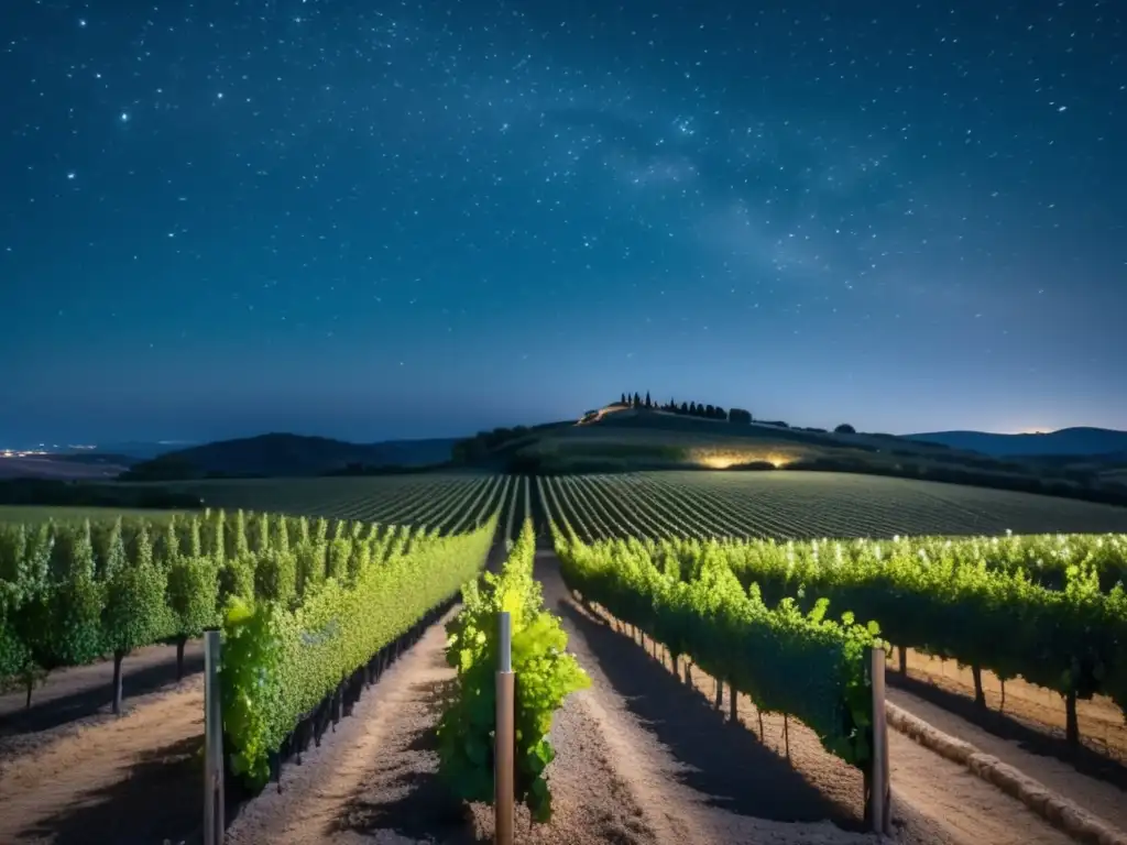 Noche de Bodegas Abiertas España: paisaje nocturno de viñedos y cielo estrellado