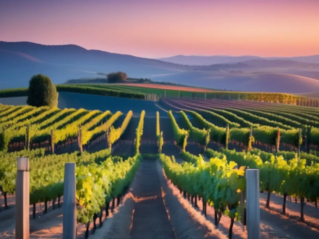 Noche de Bodegas Abiertas España: Viñedo sereno al atardecer, con hileras de vides y cielo pastel