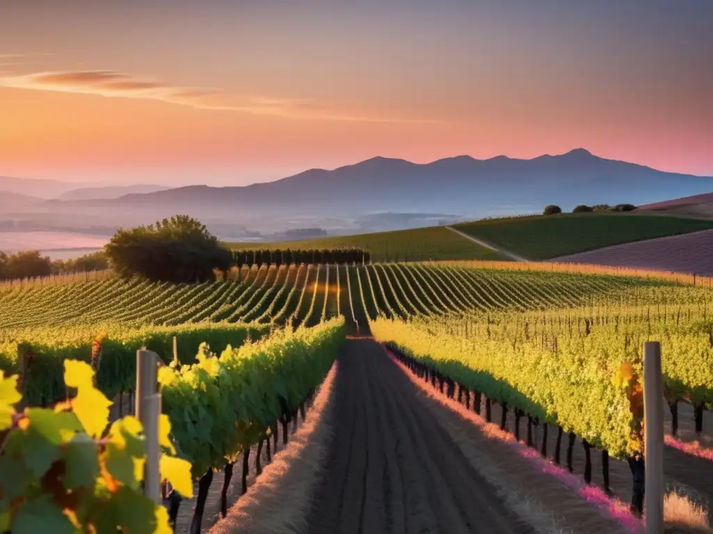 Nuevas mecas del vino destacadas en serena imagen de viñedos al atardecer