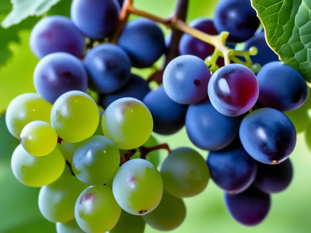 Nuevas uvas resistentes al cambio climático, imagen detallada de 8k con tres clusters de uvas representando variedades mencionadas en el artículo