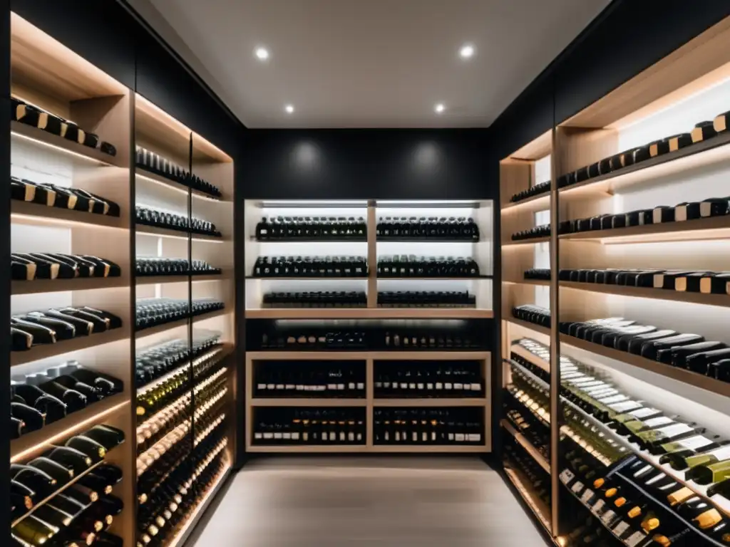 Gestión inventarios online vinos - Bodega minimalista elegante con botellas ordenadas, iluminación suave, etiquetas destacadas, vinos de calidad