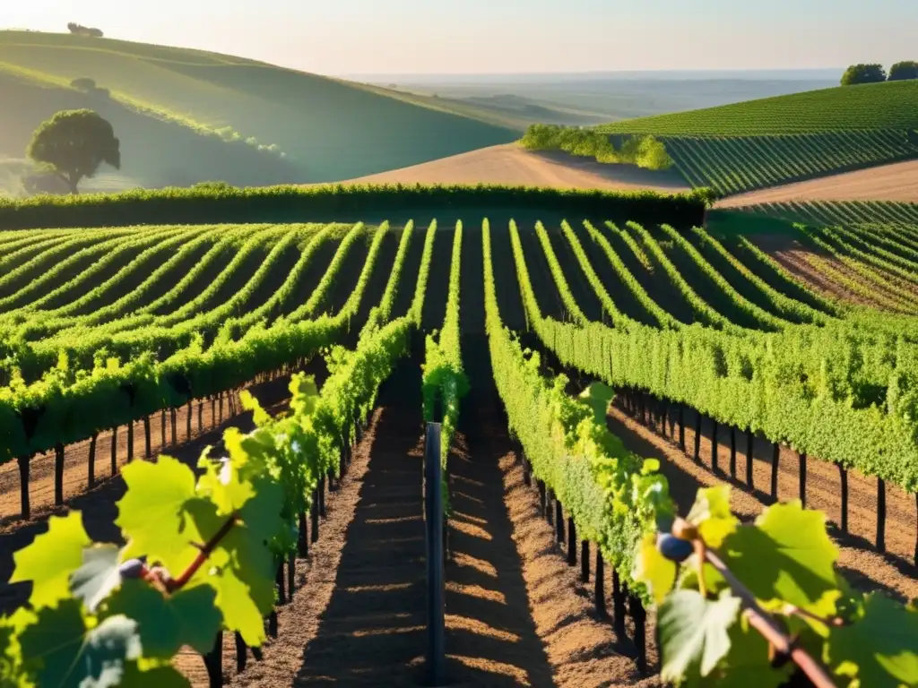 Opciones sustentables en vinos de laboratorio: Paisaje de viñedos con vides verdes y uvas, simbolizando la producción sostenible