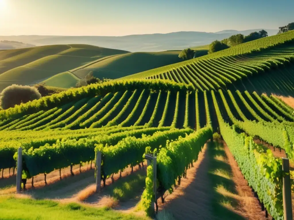 Opciones sustentables en vinos de laboratorio - Imagen de viñedo en colinas verdes con viñas alineadas y uvas maduras