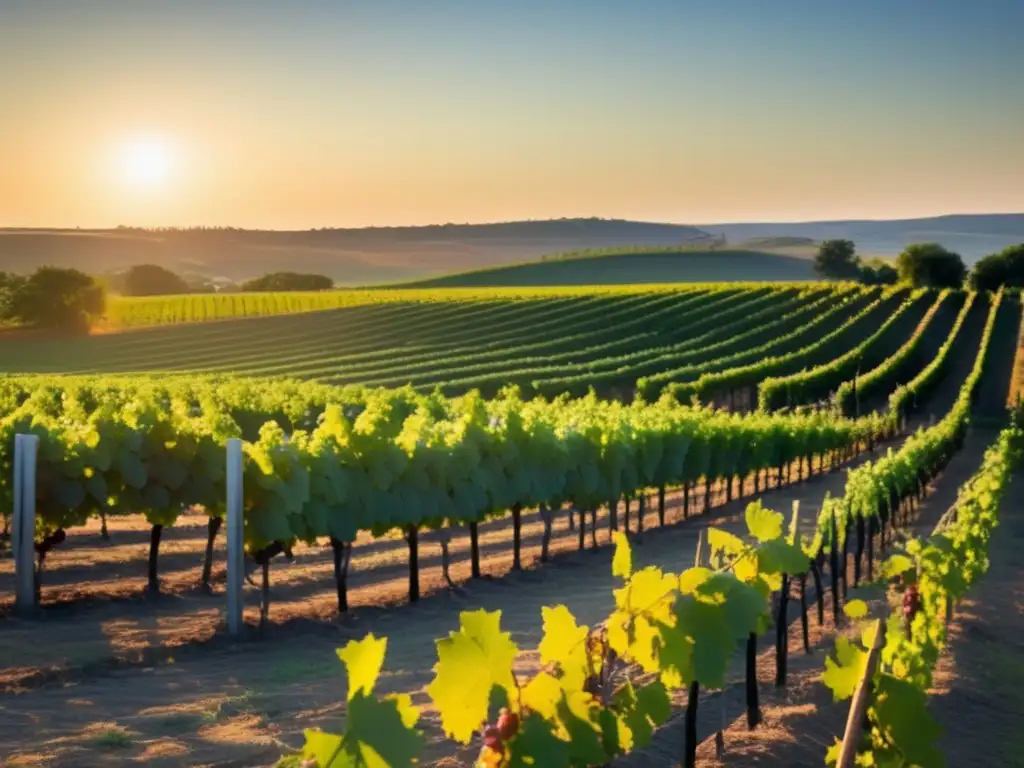 Opciones de vino antiCándida seguras: Viñedo minimalista al atardecer, uvas maduras y proceso de vinificación natural