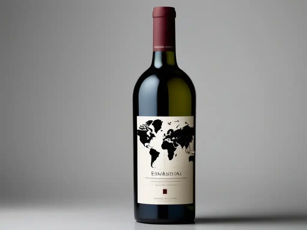 Oportunidades comerciales en vinos - Botella minimalista con etiqueta de mapa mundial, simbolizando el comercio internacional y las restricciones