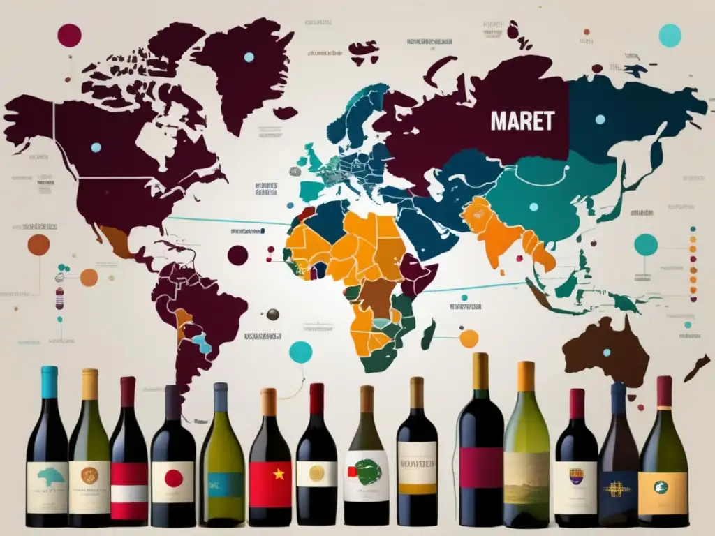 Oportunidades venta vino online: mapa global con líneas conectando países y botellas de vino, representando diversidad cultural