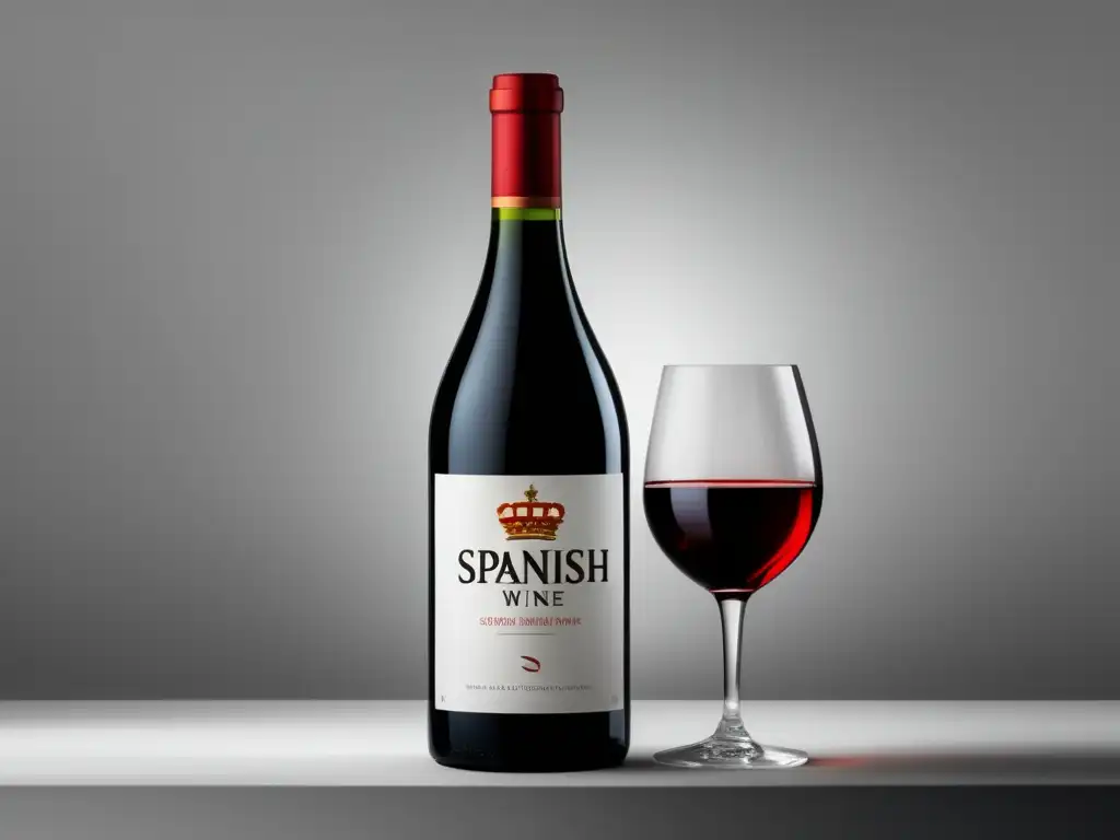 Oportunidades vino español postBrexit: Botella elegante de vino español en fondo blanco, reflejos y gotas de condensación, sombra sutil