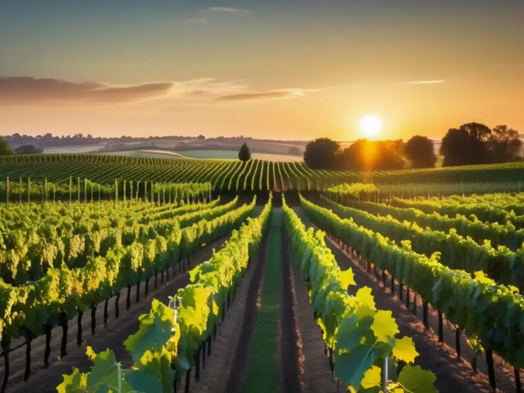 Orígenes y futuro de vinos orgánicos en un viñedo al atardecer