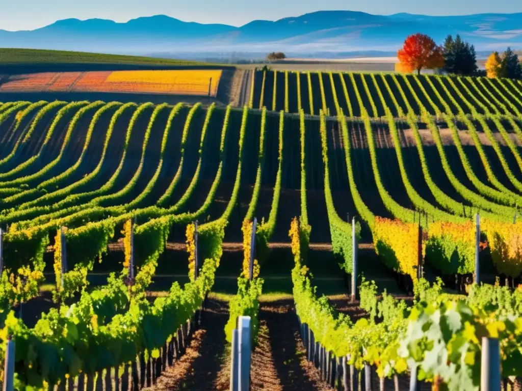 Innovación en viticultura en Canadá: Viñedo otoñal con filas de vides rojas, naranjas y amarillas bajo un cielo azul