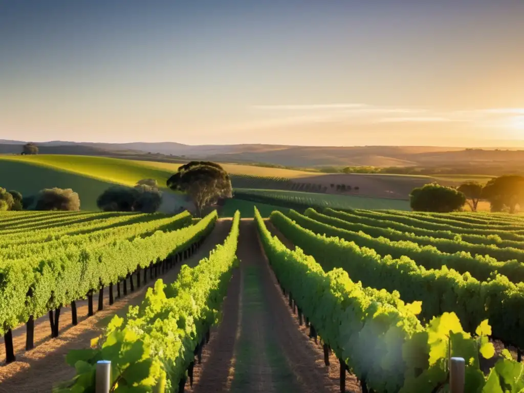 Paisaje cautivador de Barossa Valley al atardecer, con viñedos exuberantes y luz dorada