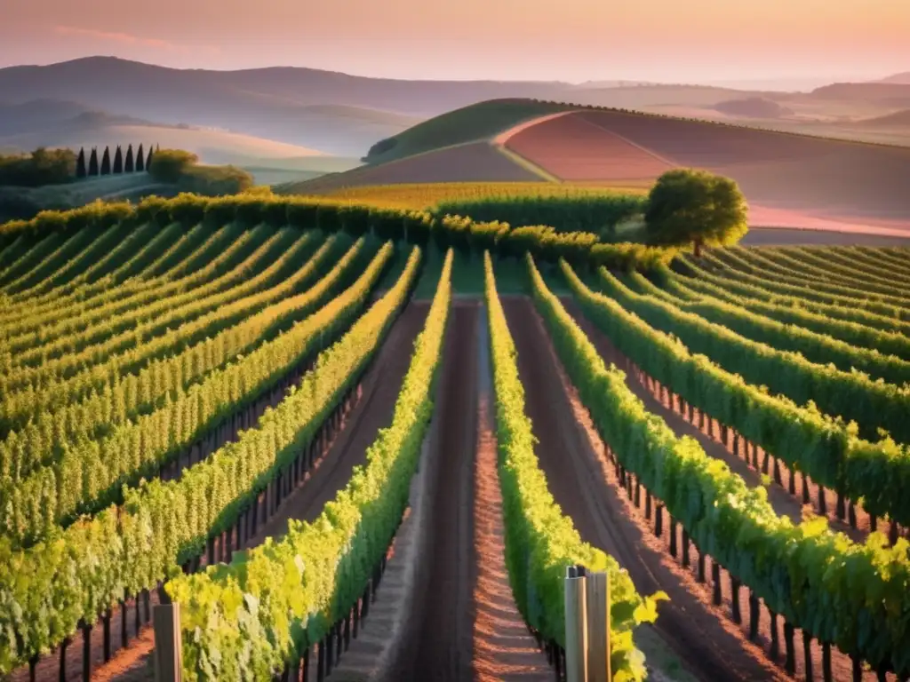 Paisaje detallado de viñedo al atardecer, con filas de uvas en simetría perfecta